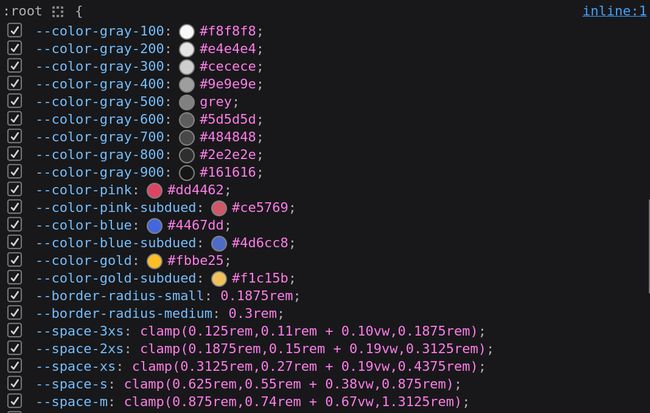 Screenshot of the Firefox dev tools, CSS tab, showing the generated custom properties